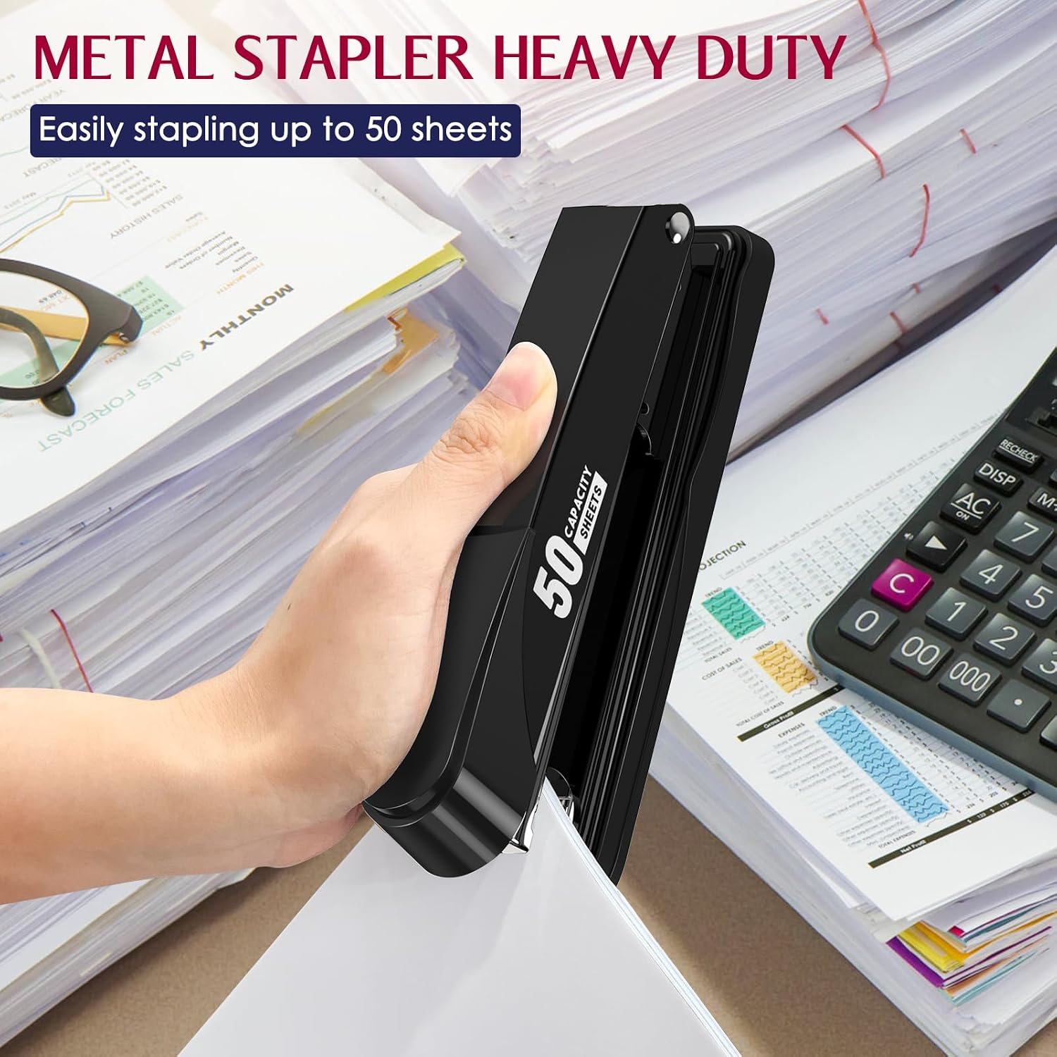 Metal Stapler Heavy Duty 50 Sheet Capacity with 1750 Staples and Staple Remover, Full Strip Staplers for Desk, No