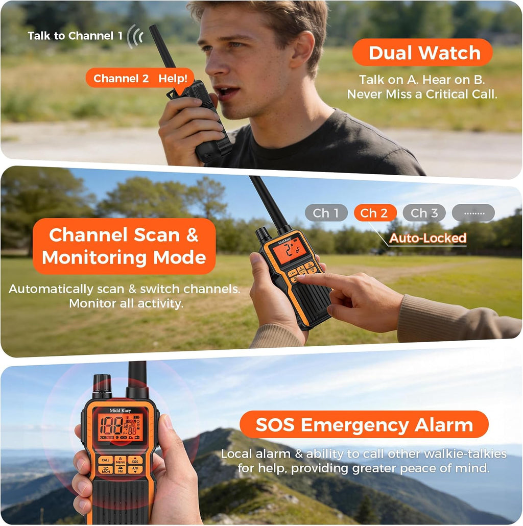Midd Kacy MK108 Walkie Talkies Long Range, GMRS 2 Way Radio (2 Pack) | 60 Channel, 121 Privacy Codes, Waterproof
