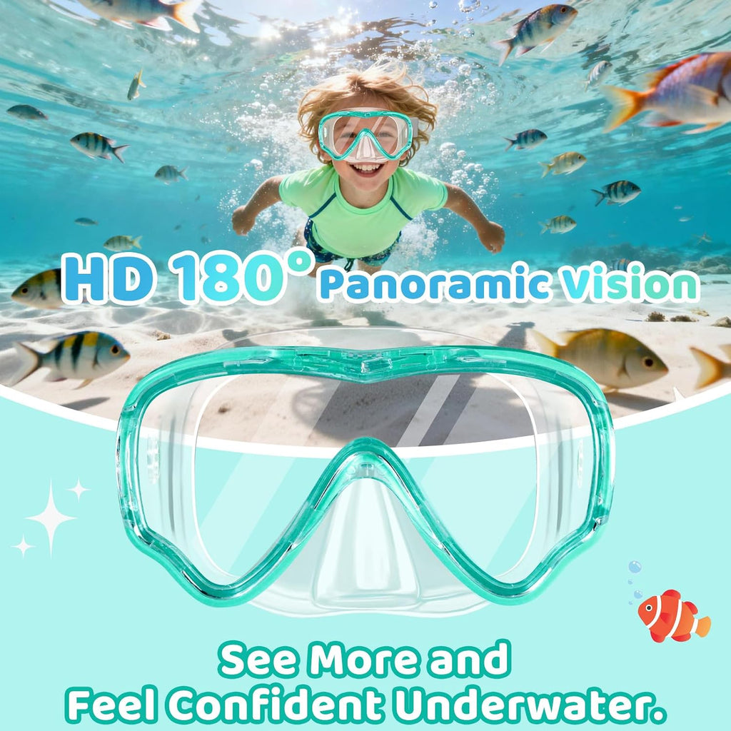 Snorkel Set for Kids 3-14, Dry Top Snorkeling Gear for Boys Girls Youth, Panoramic View Swim Goggles with Nose Cover