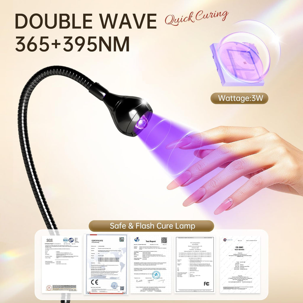 3W LED Nail Lamp with Clamp and Flexible Gooseneck for Gel Nails | Includes UV Protection Gloves for Gel Polish