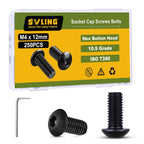 M4 x 12mm 250PCS Button Head Hex Socket Cap Screws Bolts, 10.9 Grade Alloy Steel, Allen Hex Drive, Full Thread, Black Oxide, with Hex Spanner
