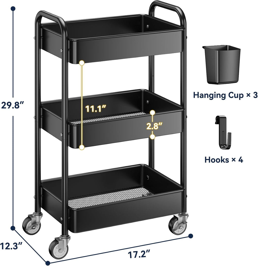 3 Tier Rolling Cart, Heavy Duty Metal Utility Cart with Wheel Black
