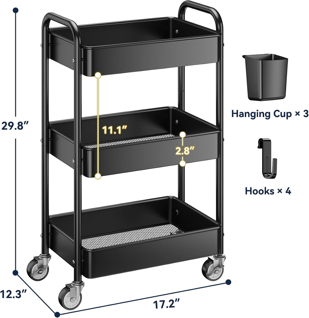 3 Tier Rolling Cart, Heavy Duty Metal Utility Cart with Wheel Black