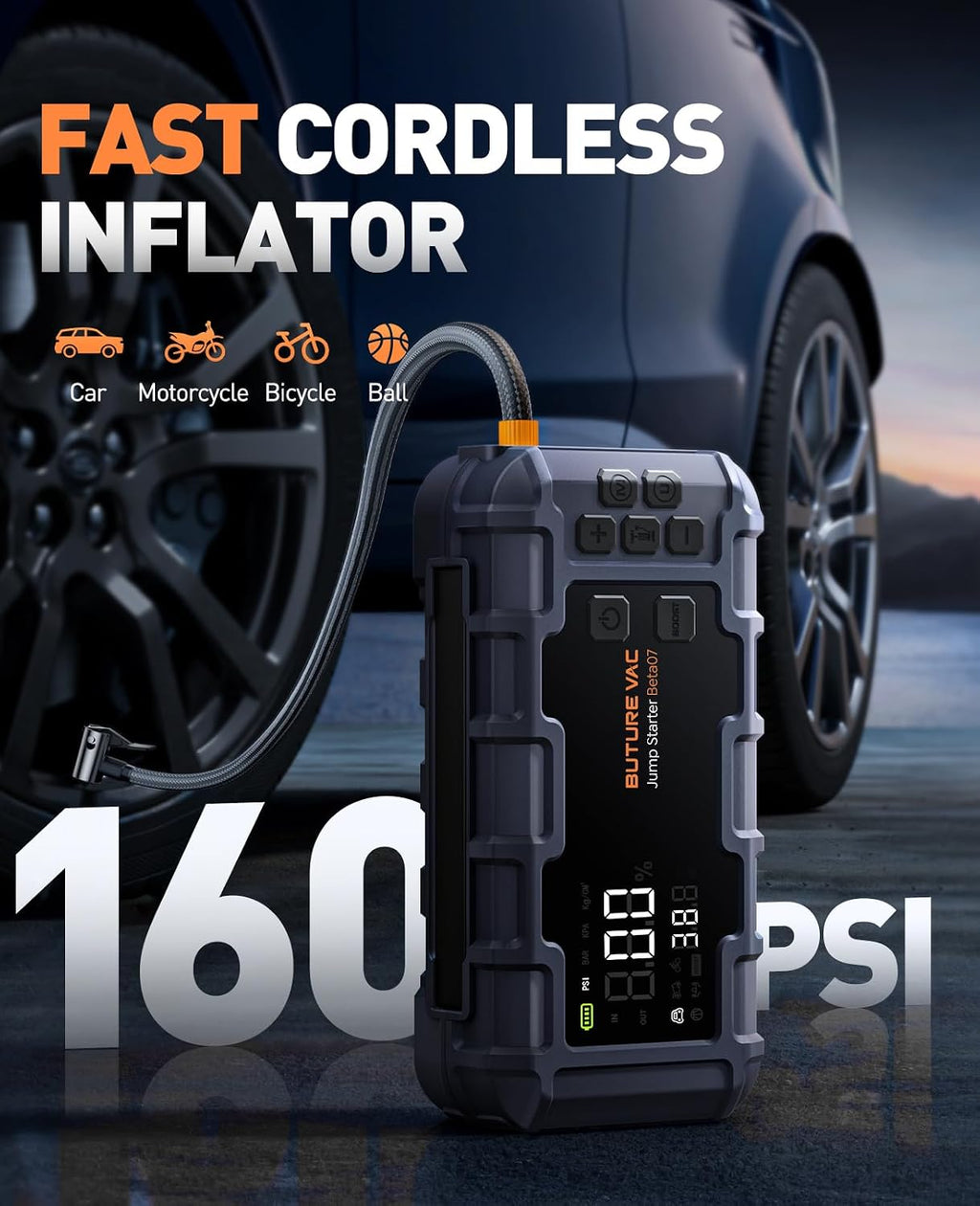 Portable 10-in-1 Car Battery Jump Starter with Air Compressor 8000A 160PSI 45W Charger, Jump Starter Jump Box (All