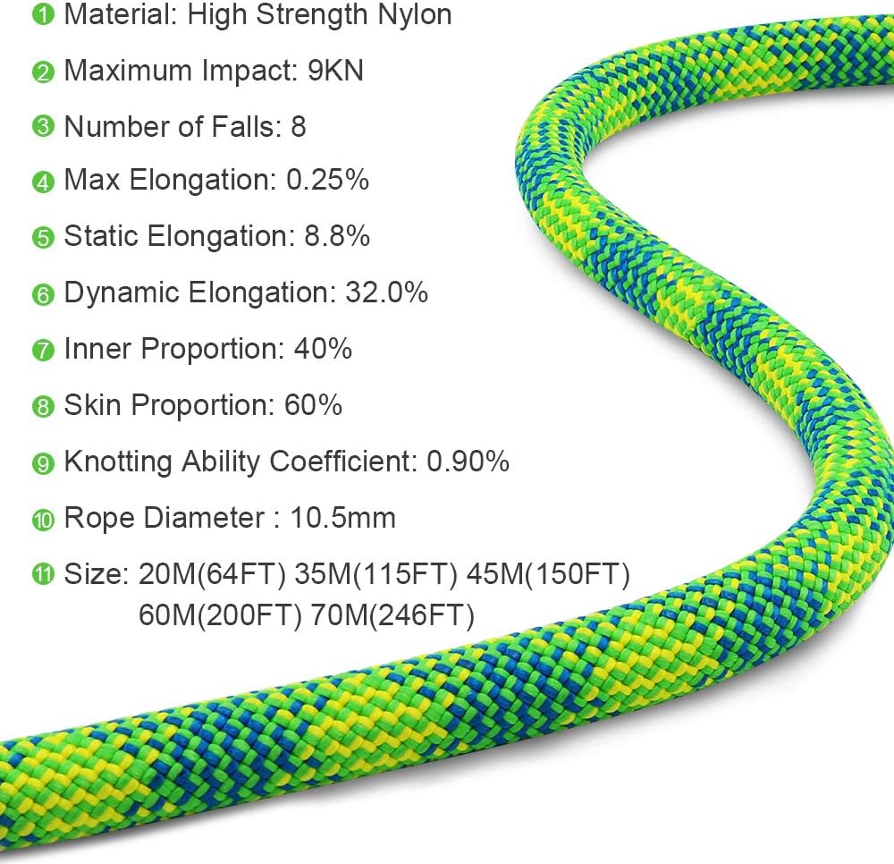 10.5 mm UIAA Dynamic Climbing Rope 45M(150FT), Safety Nylon Kernmantle Rope for Rock Climbing, Tree Climbing, Ice