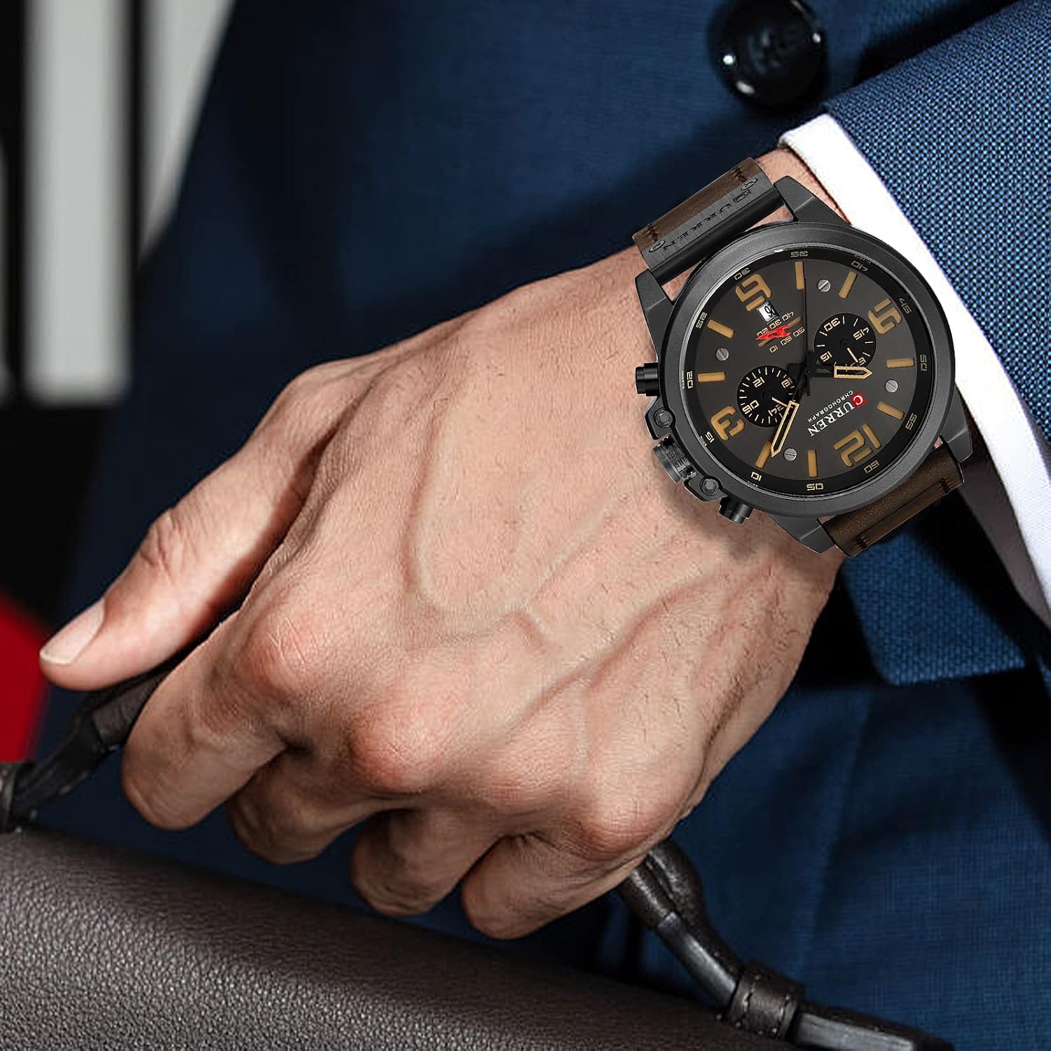Mens Classic Analog Quartz Chronograph Sandwich Dial Leather Watch | Sport Military Multifunctional Waterproof Watch