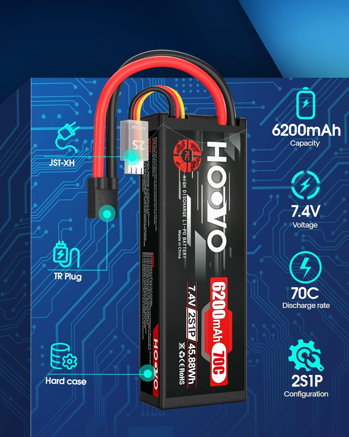 7.4V 70C 6200mAh 2S Lipo Battery Hard Case with Tracxas Plug(2 Packs
