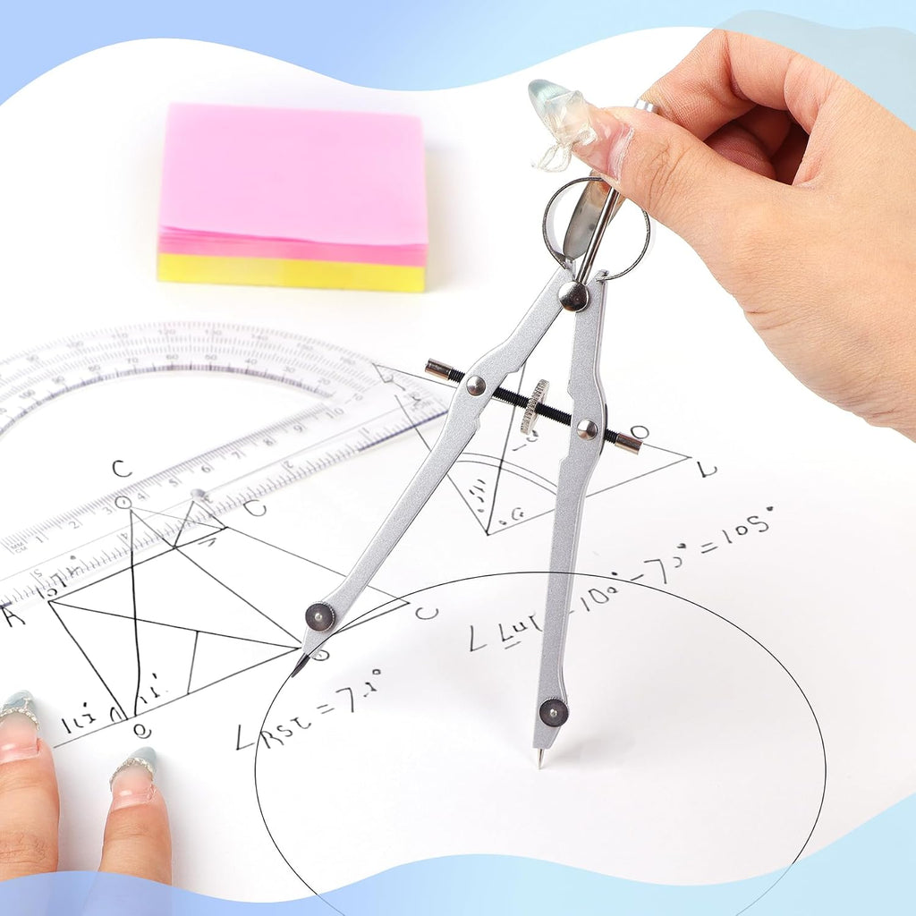 Compass and Protractor Set, Math Compass for Geometry (Silver) | Professional Drawing Compass Tool, Metal Compass