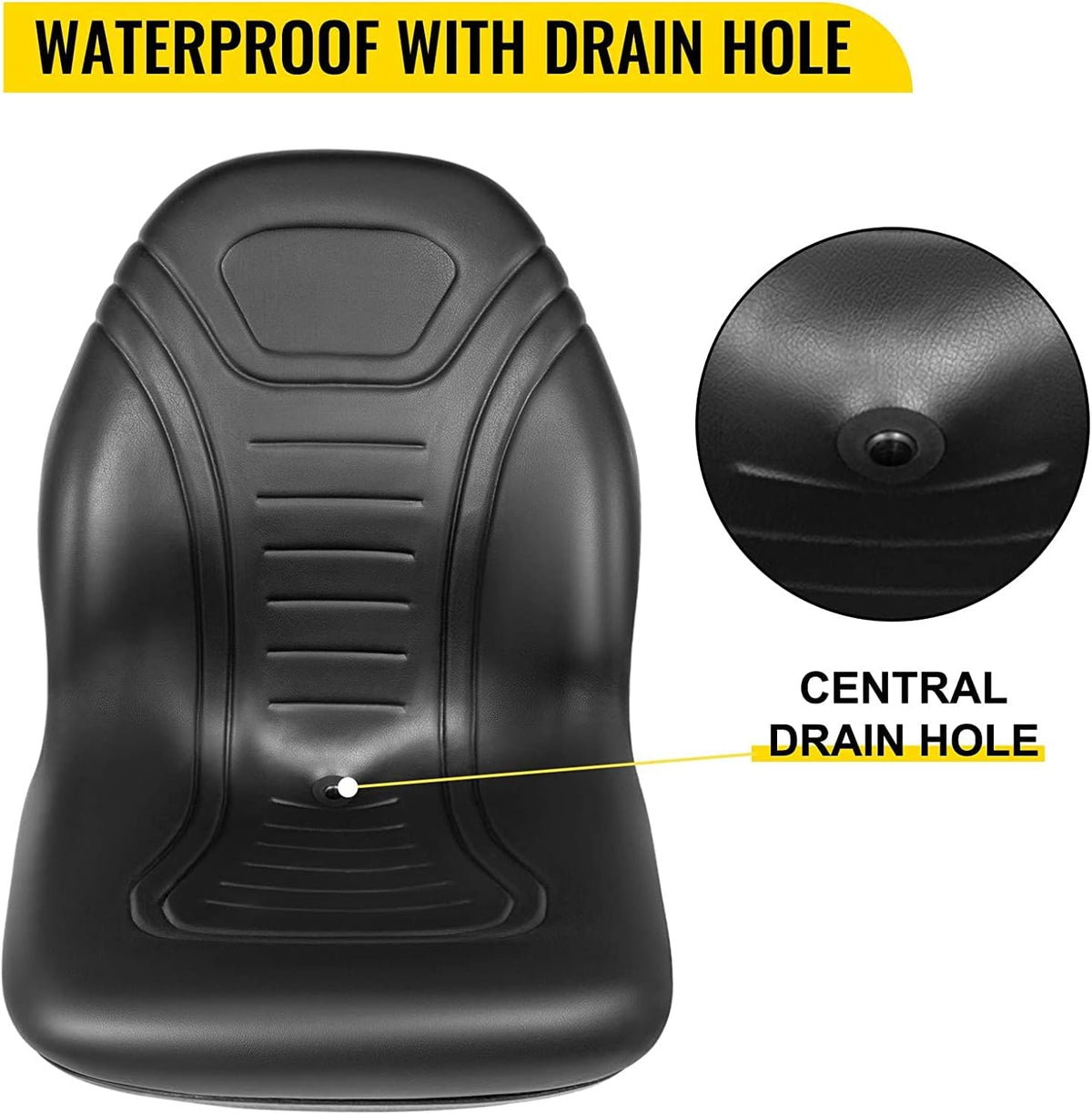 Universal Lawn Tractor Seat Replacement, Compact High Back Mower Seat, Black Vinyl Forklift Seat, Central Drain Hole