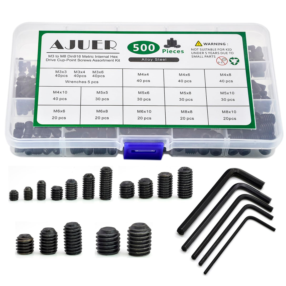 AJUER 500Pcs Hex Drive Cup-Point Screws