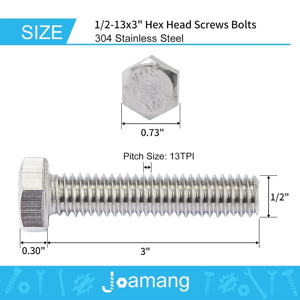 1/2-13 x 3 Hex Head Bolts, Stainless Steel 304, Hexagon Head Screws, UNC Coarse Thread, Bright Finish, Fully Threaded, Quantity 4
