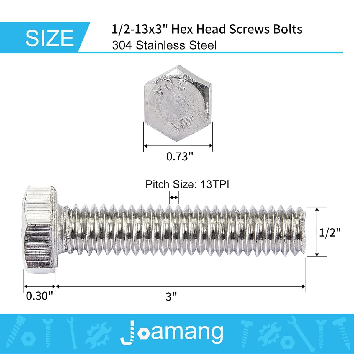 1/2-13 x 3 Hex Head Bolts, Stainless Steel 304, Hexagon Head Screws, UNC Coarse Thread, Bright Finish, Fully Threaded, Quantity 4