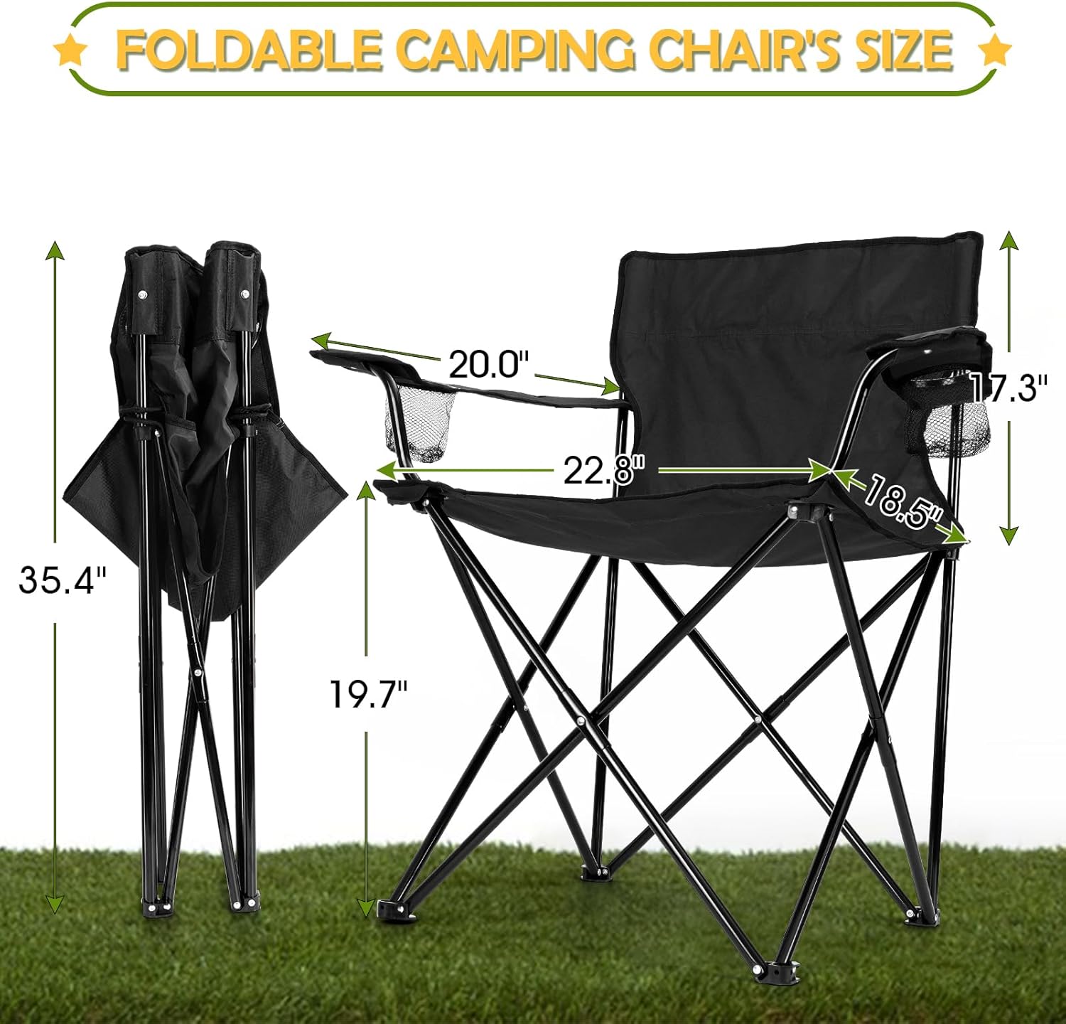 Folding Camping Chair Set of 3, Foldable Black Camp Chairs & Grey Table, Large Lawn Chair Portable for Adults Hiking