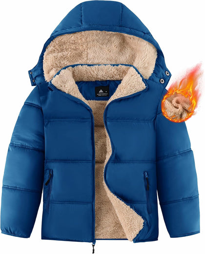 Boy's Winter Coat Thermal Puffer Jacket Warm Sherpa Fleece Lined Water-Resistant Zip Outerwear Coat with Detachable Hood