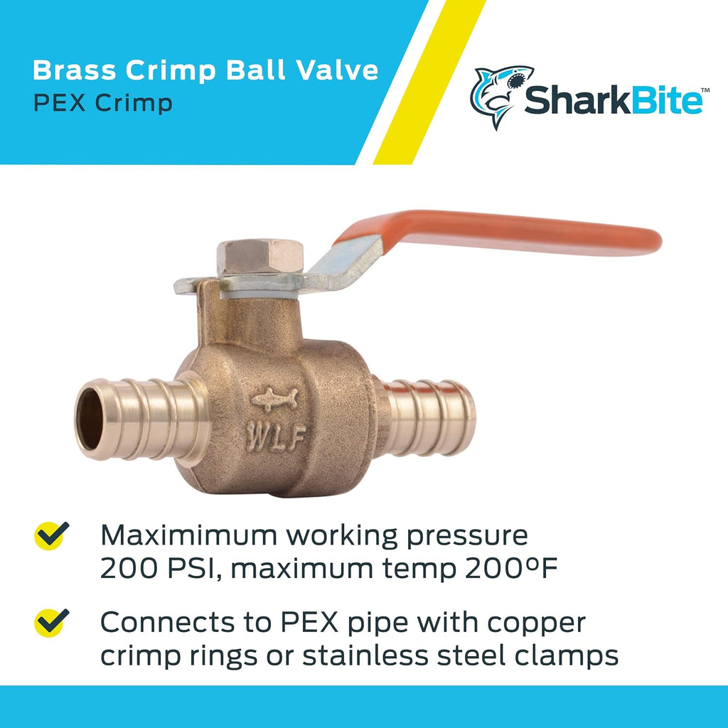 SharkBite 1/2 Inch Crimp Ball Valve, Brass Plumbing Fitting, PEX Pipe, PE-RT, 22461LFA