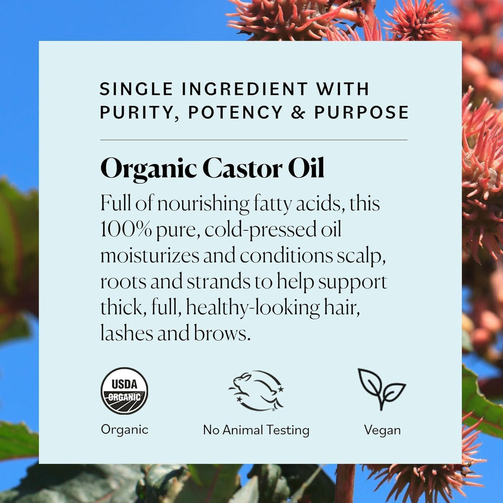 USDA Organic Castor Oil Eyelash Serum 1 fl oz, Glass Bottle | Fuller-looking lashes & brows. Conditioning hair oil.