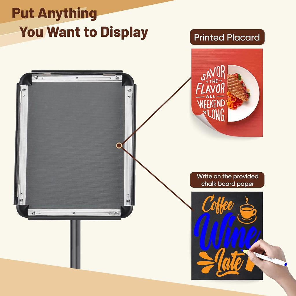 Adjustable Pedestal Floor Stand Sign Holder for 8.5*11 inches Poster or chalk board, Snap open frame,360°