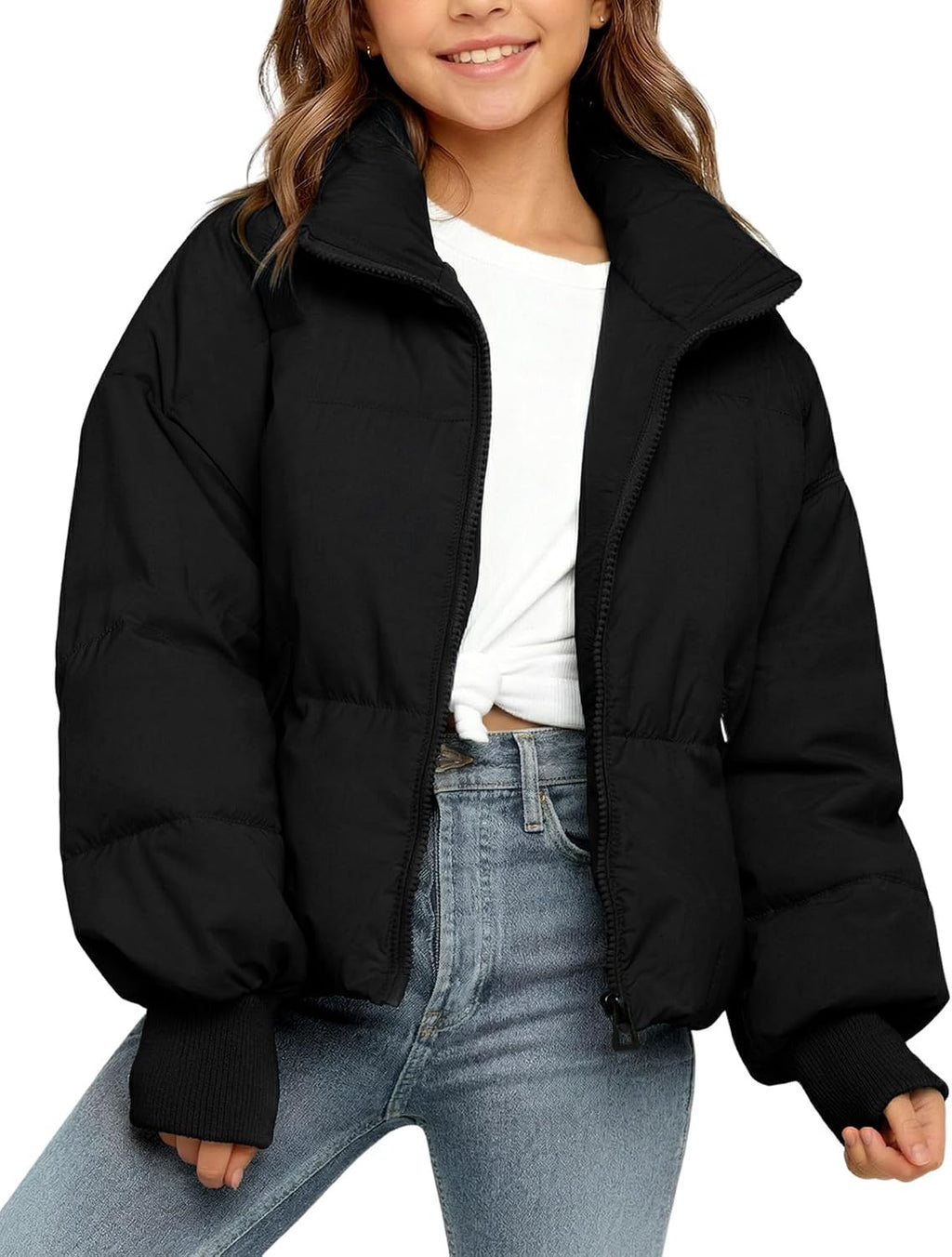 Girls Winter Puffer Jacket Kids Warm Quilted Puffer Coat | Zip Up, Stand Collar, Long Sleeve, Cropped Puffy Jacket