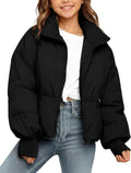 Girls Winter Puffer Jacket Kids Warm Quilted Puffer Coat | Zip Up, Stand Collar, Long Sleeve, Cropped Puffy Jacket