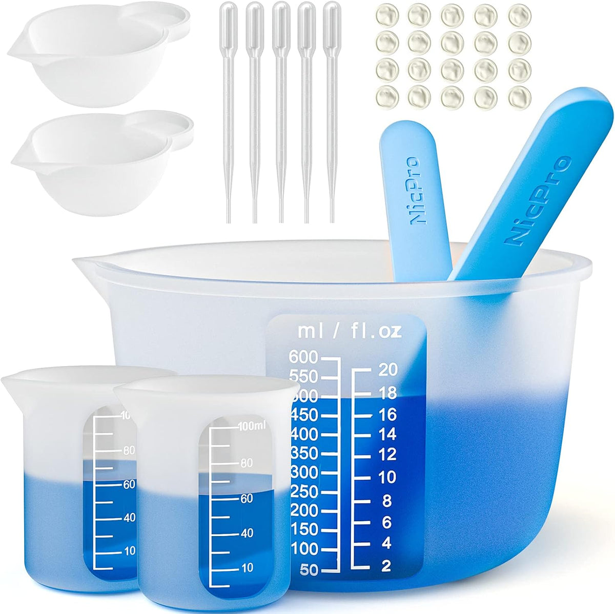 Large Silicone Resin Measuring Cups Tool Kit - Nicpro Reusable 600ml & 100ml Measure Cup, Silicone Stir Sticks