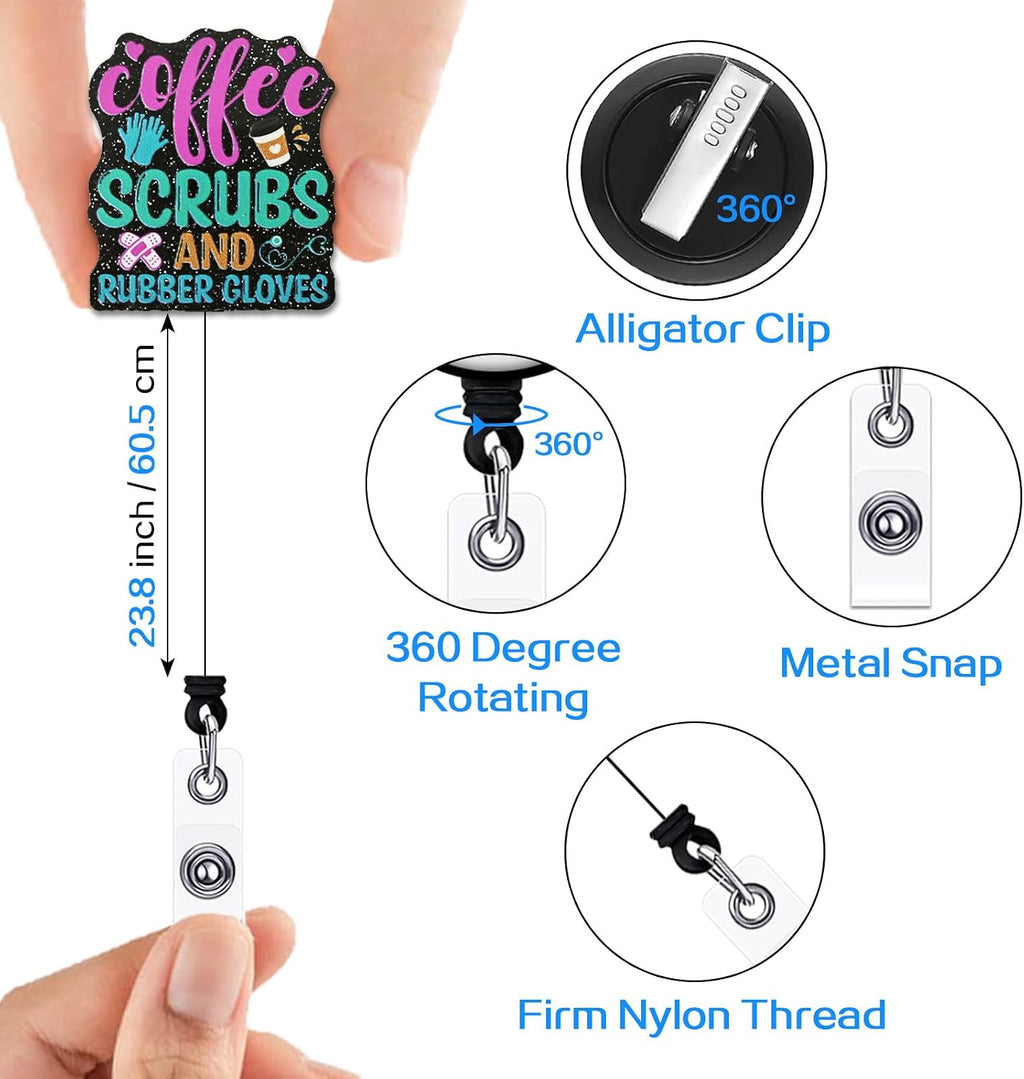 Funny Nurse Badge Reel Gifts - Coffee Scrubs and Rubber Gloves - Retractable Badge Holder with Alligator Clip - Black