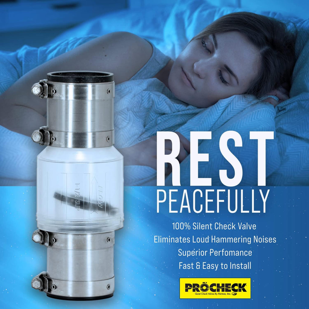 ProCheck Quiet Silent Sump Pump Check Valve With Stainless Steel Vibration Resistant Couplings, 1-1/2“