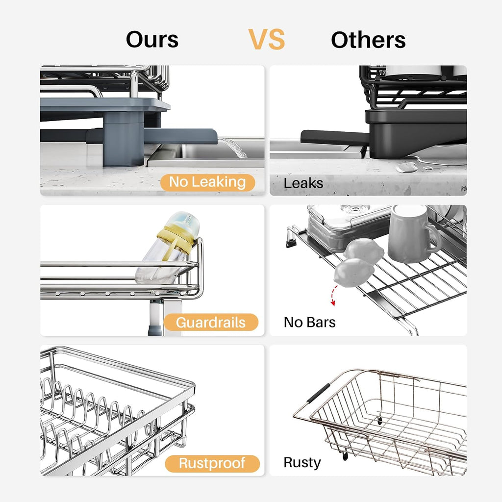 Expandable Dish Drying Rack for Kitchen Counter, Stainless Steel, Silver