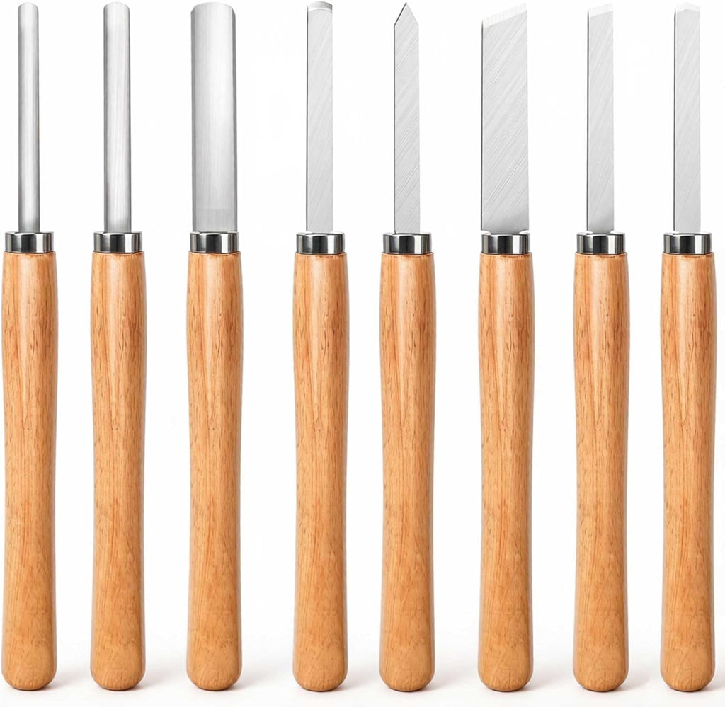 8 Piece Heavy Duty Wood Turning Chisel Set, Lathe Chisel Cutting Tools, (3) Gouge (1) Round Nose (1) Spear Point (2)