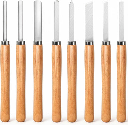 8 Piece Heavy Duty Wood Turning Chisel Set, Lathe Chisel Cutting Tools, (3) Gouge (1) Round Nose (1) Spear Point (2)