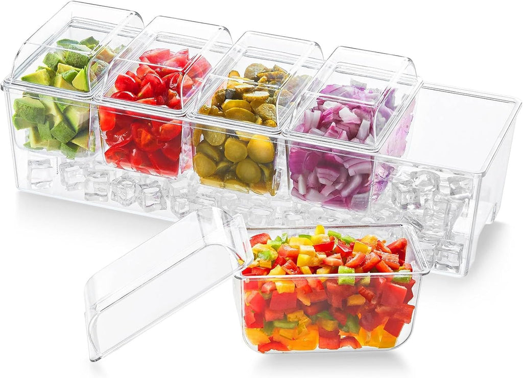 Chilled Condiment Caddy with 5 Individual Lids, Ice Garnish Tray