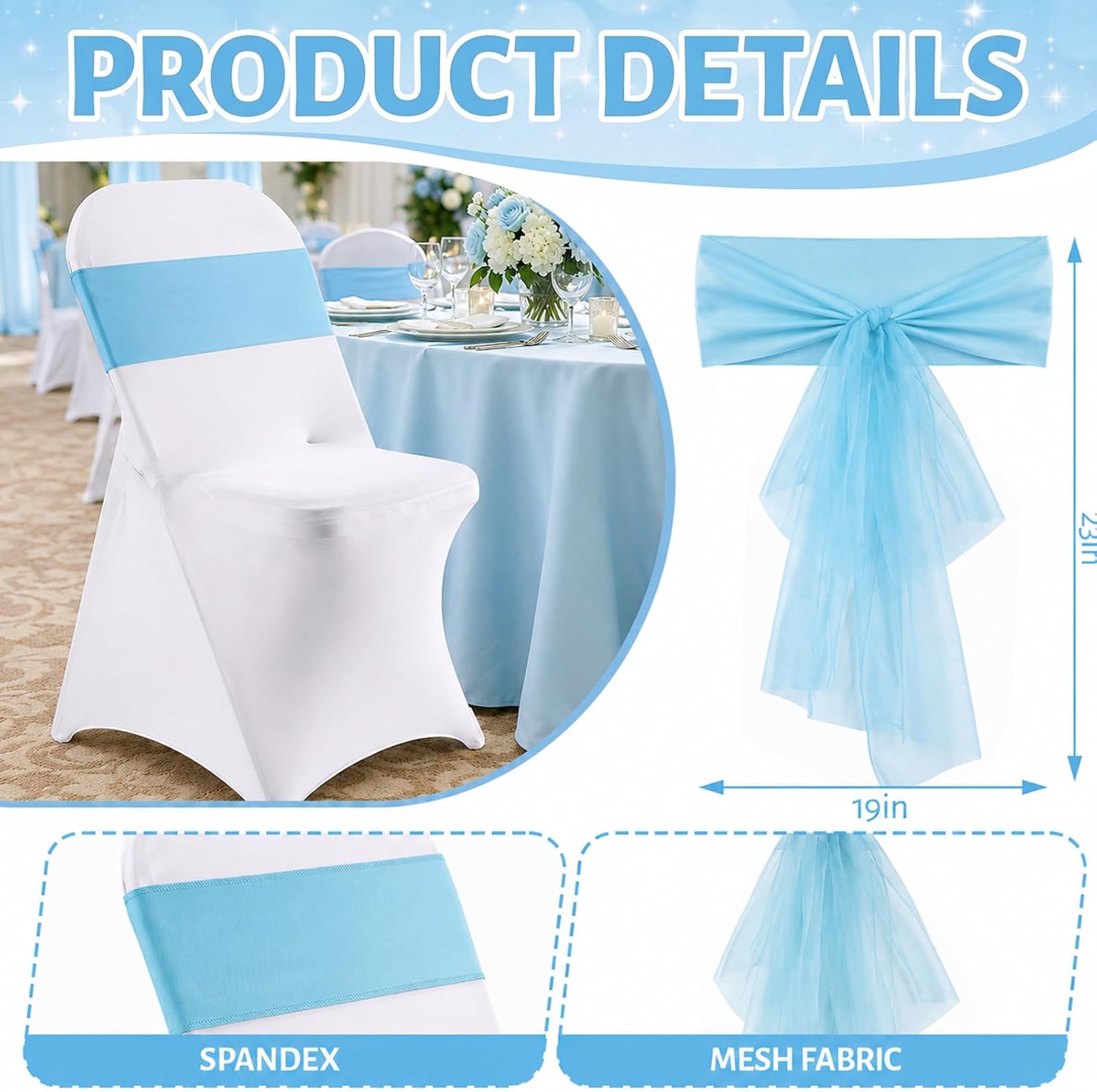 Folding Chair Cover Set, 50 Pcs, Spandex White Blue