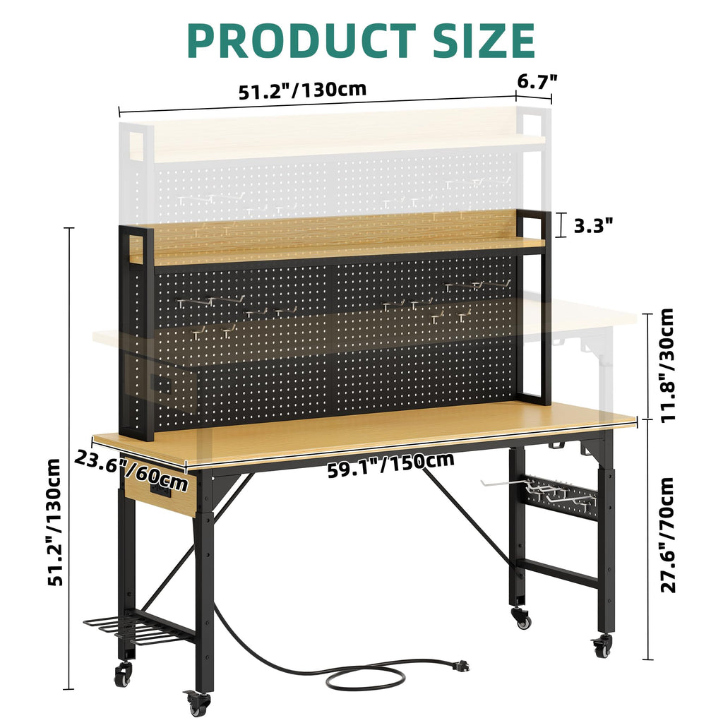 60in Adjustable Workbench with Pegboard & Wheels 1600lb Load