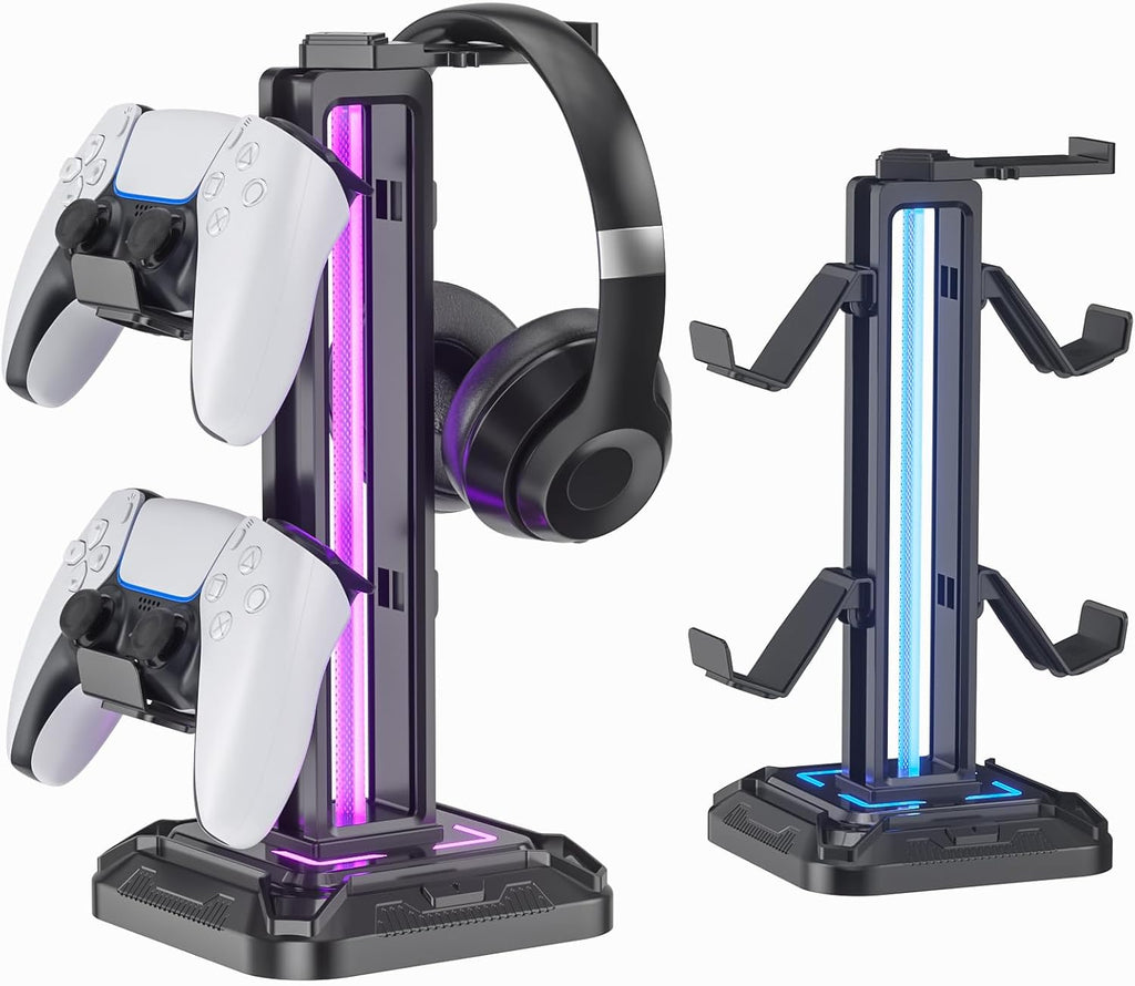 RGB Headset Stand with 9 Light Modes - Controller Holder for Desk - Rotatable Headphone Stand & Detachable Controller