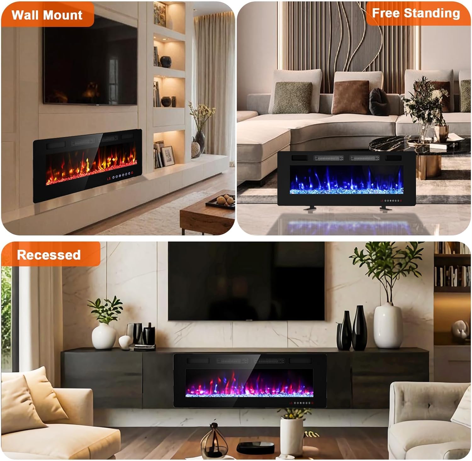 50" Electric Fireplace Recessed Wall Mounted, Ultra Thin Linear Fireplace Inserts,12 Flame Colors, Timer, Remote &