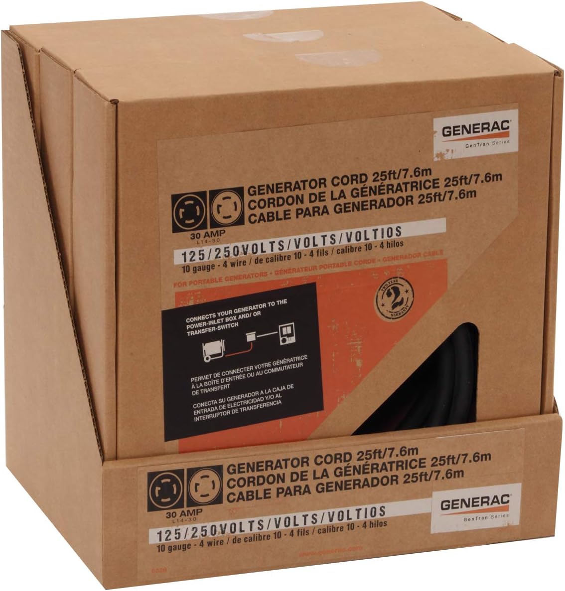 6328 25 Foot 30 Amp Generator Cord | NEMA L14-30 Ends, 7500W Max, Home Backup Power, Transfer Switch Ready