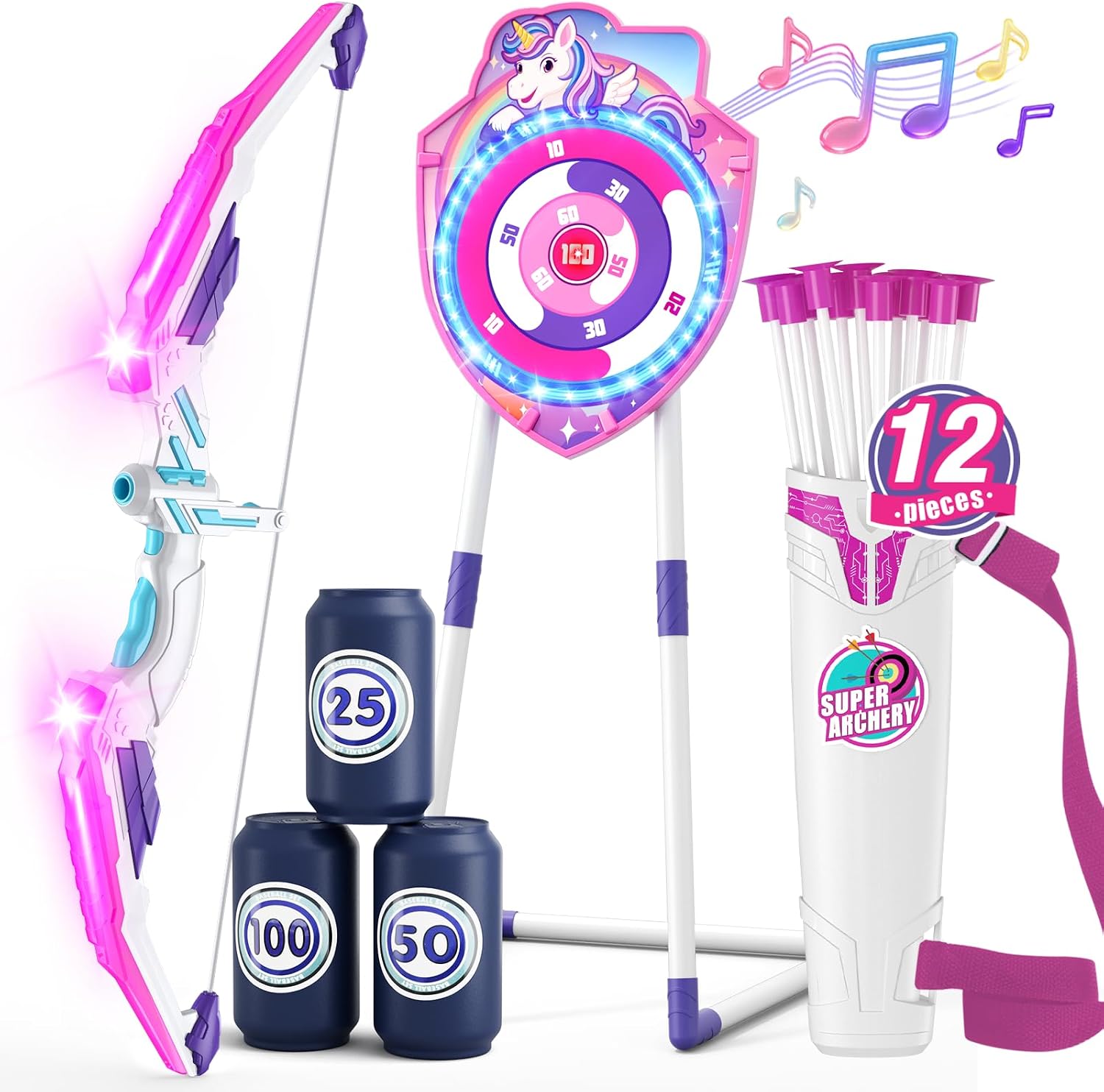 Bow and Arrow for Kids, LED Light Up Archery Set with Unicorn Target | with 12 Suction Cup Arrows, 1 Standing Glow