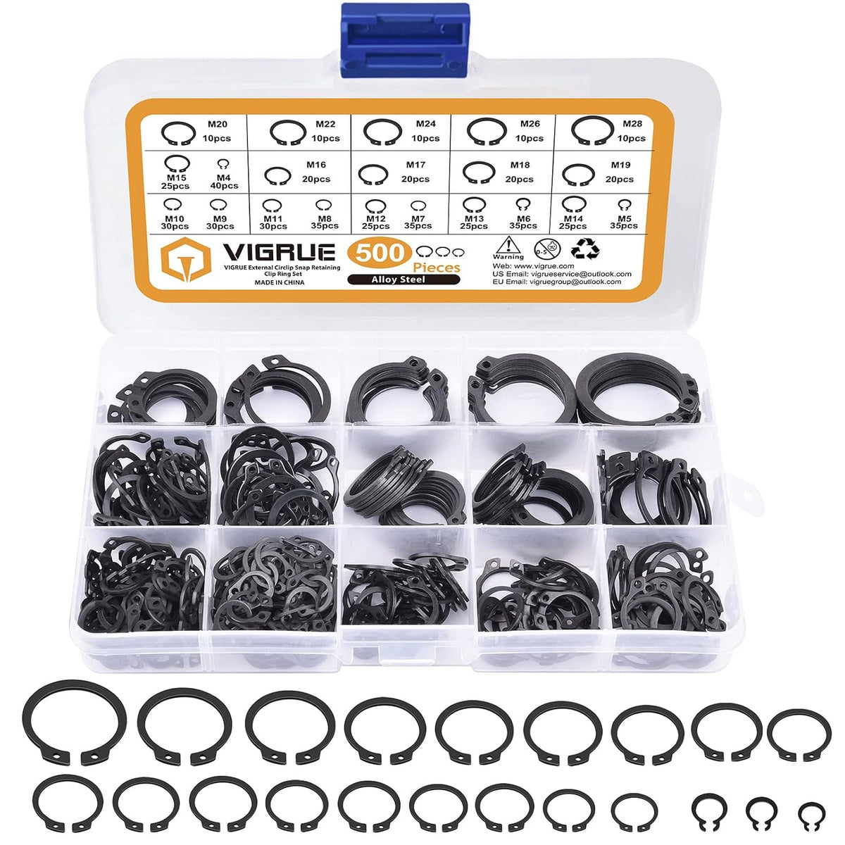 VIGRUE 500Pcs Snap Rings Assortment Circlip Snap Retaining Clip Rings Set