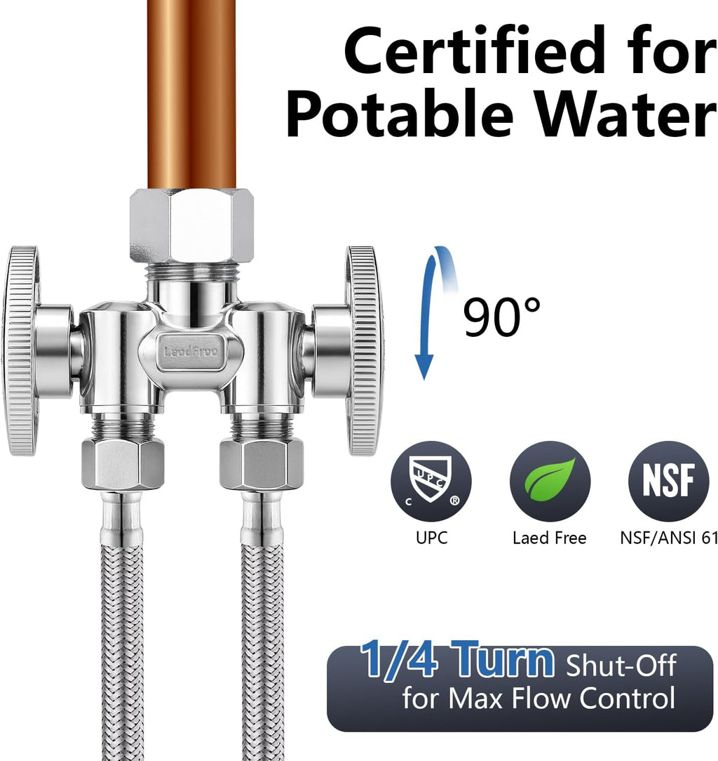 1/2" NOM (5/8" OD) x 3/8" OD x 3/8" OD Dual Shut Off Valve | Chrome Plated Brass 1/4 Turn Double Straight Stop for