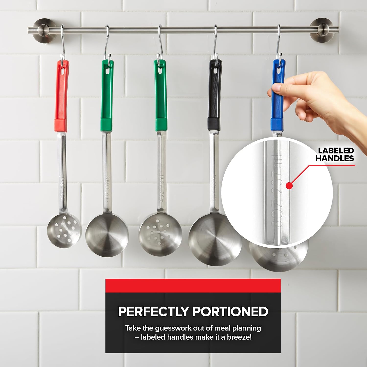 Portion Control Serving Spoons (Set of 8), Slotted & Unslotted Portion Scoops for Food, Heavy Duty Stainless Steel