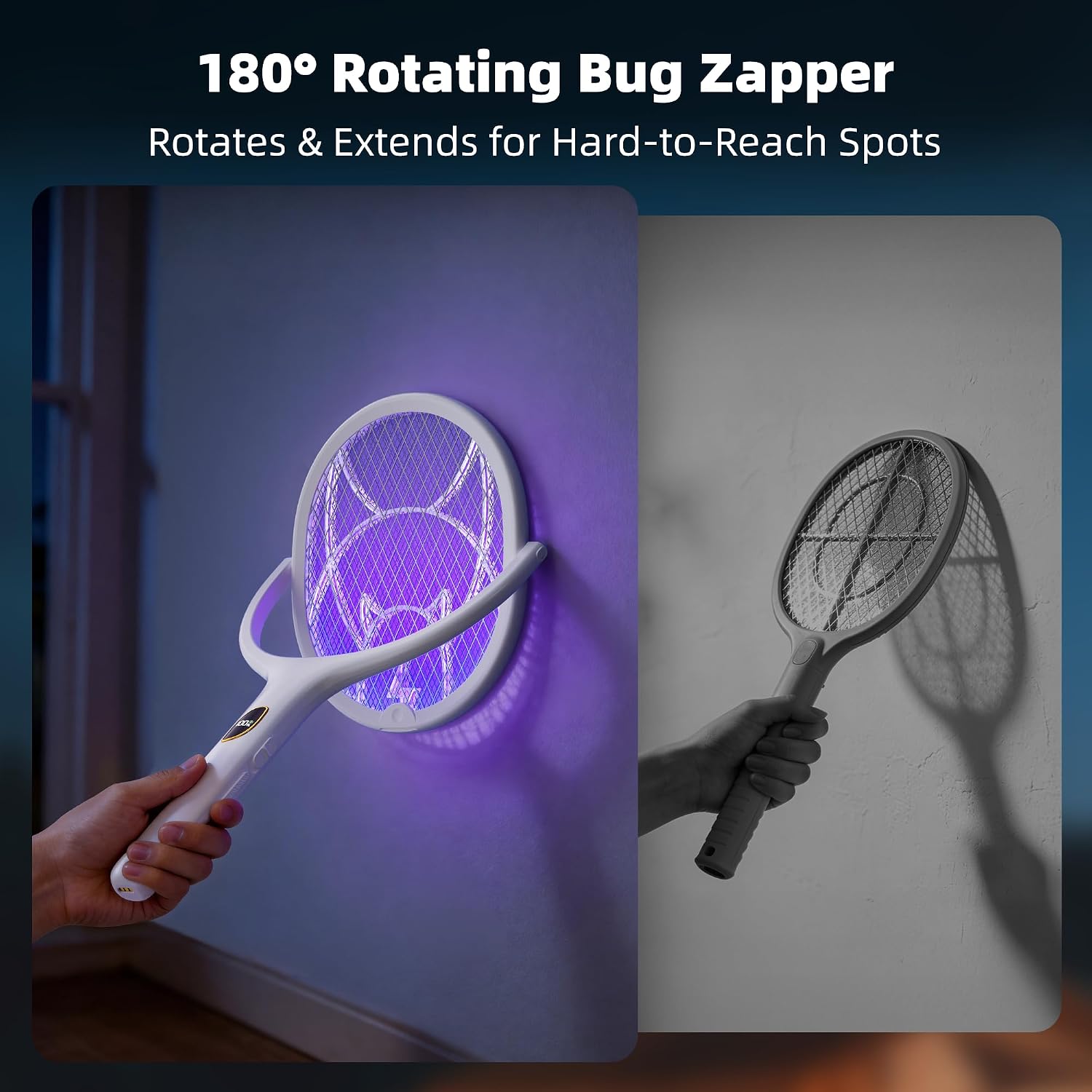 Electric Fly Swatter Racket with Rotating Head & Telescopic Handle | 2-in-1 Bug Zapper, 4100V Rechargeable Mosquito