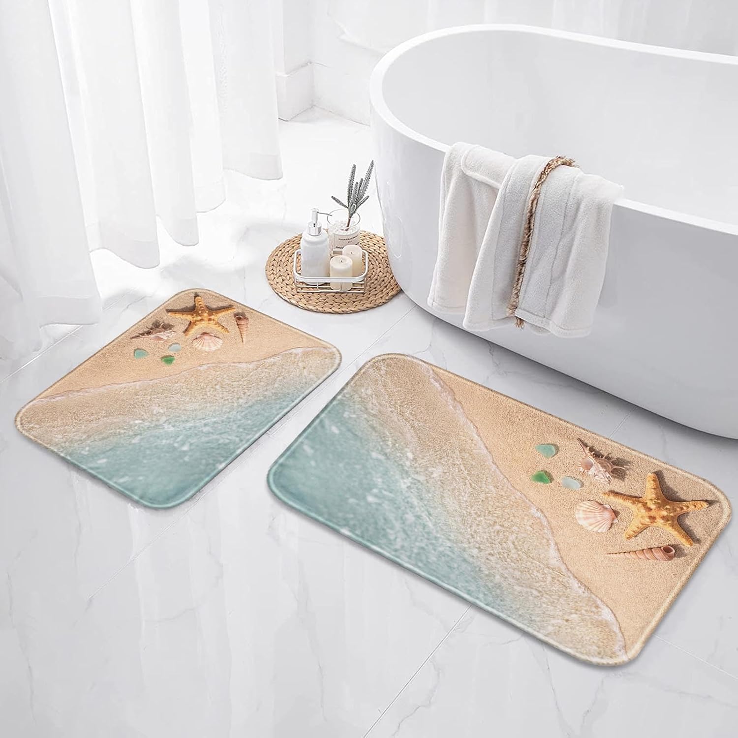 Beach Starfish Sea Shell Ocean Bathroom Rug Mat Set of 2, Washable Cover Floor Rug Carpets Floor Bath Mat Bathroom