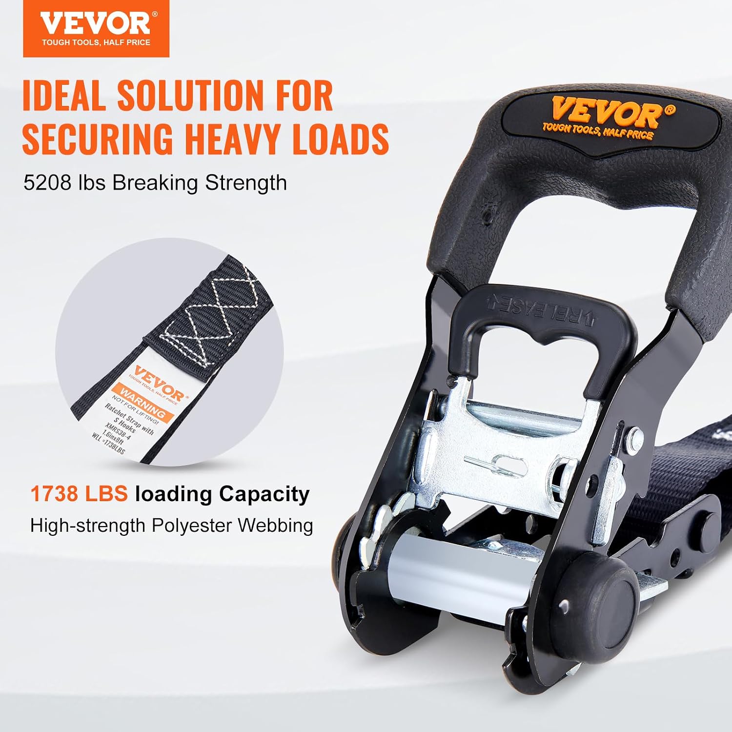 VEVOR Ratchet Tie Down Straps (4PK), 5208lbs Break Strength, 1.6" x 8' Heavy Duty Ratchet Tie Down Strap Set with
