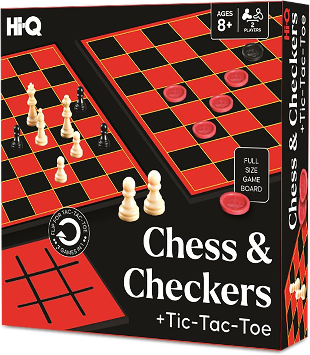 3-in-1 Chess, Checkers & Tic-Tac-Toe Game Set – Double-Sided Folding Board – Staunton Style Pieces & Interlocking