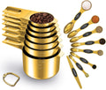 Gold Measuring Cups and Spoons Set of 15, 18/8 Stainless Steel, Includes 7 Nesting Metal Measuring Cups,8 Magnetic