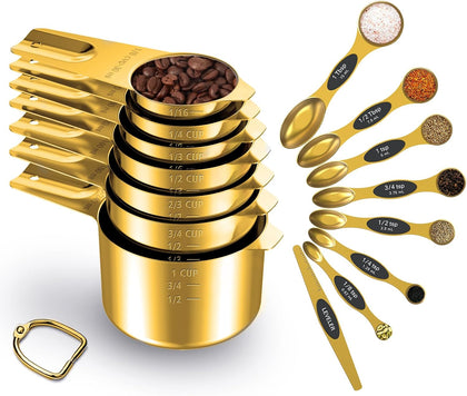 Gold Measuring Cups and Spoons Set of 15, 18/8 Stainless Steel, Includes 7 Nesting Metal Measuring Cups,8 Magnetic
