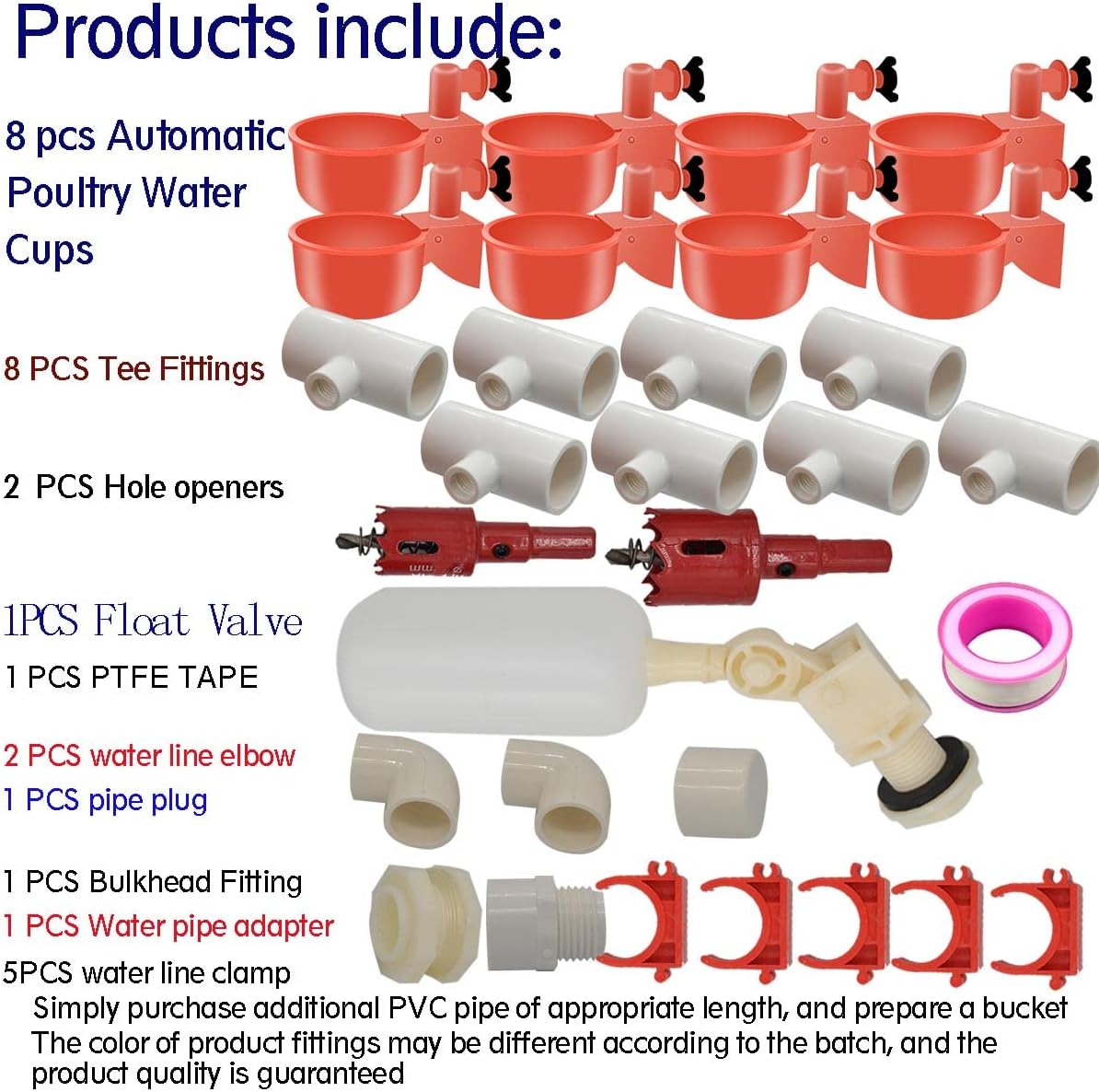 Complete Set Pipeline Automatic Chicken Nipple Waterer Cups and 1/2" PVC Tee Fittings Pipe Feeder Poultry Waterer