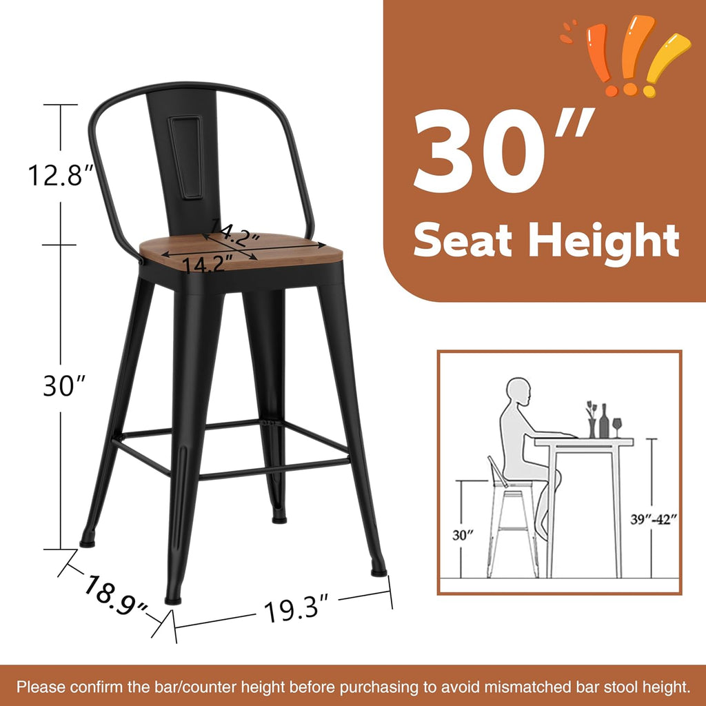Metal Bar Stools Set of 4, 30" Black Bar Height Stools with Back
