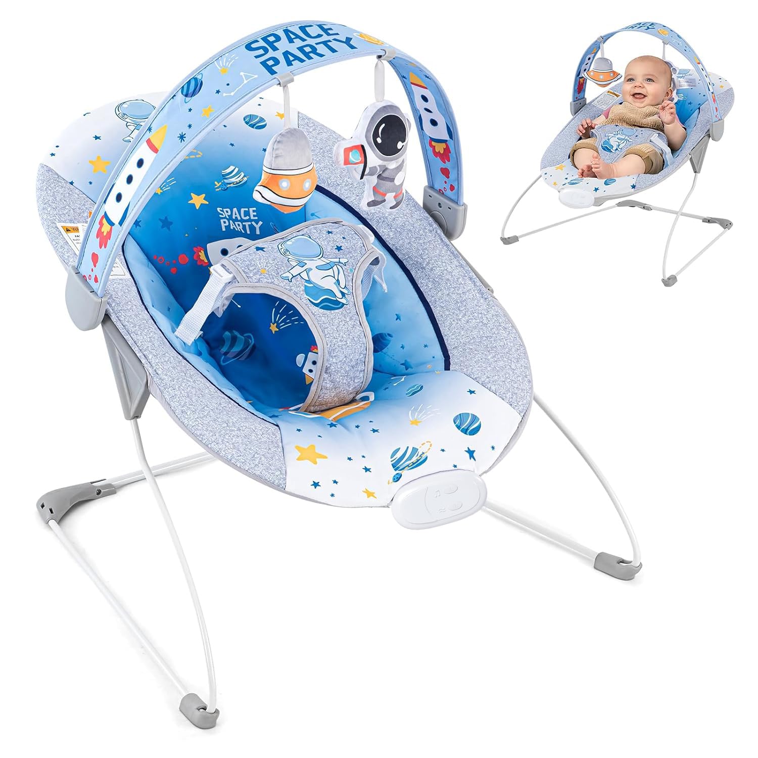 Baby Bouncer Seat & Rocker with Music for Infant 0-6 Months, Blue | 6 Melodies, Fun Vibration, 3-Point Harness