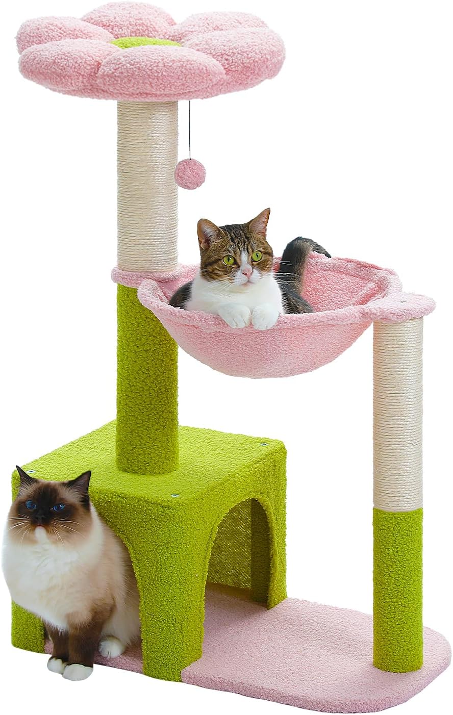 Flower Cat Tree with Large Metal Frame Hammock, 35" Cute Cat Tower with Sisal Scratching Posts for Small Indoor Cats