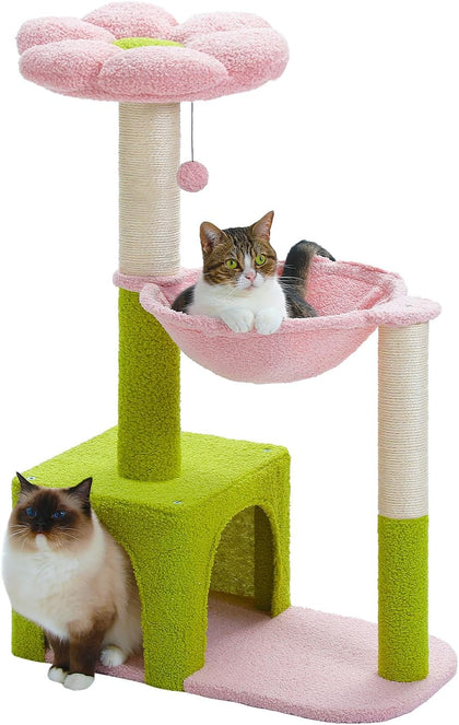 Flower Cat Tree with Large Metal Frame Hammock, 35" Cute Cat Tower with Sisal Scratching Posts for Small Indoor Cats